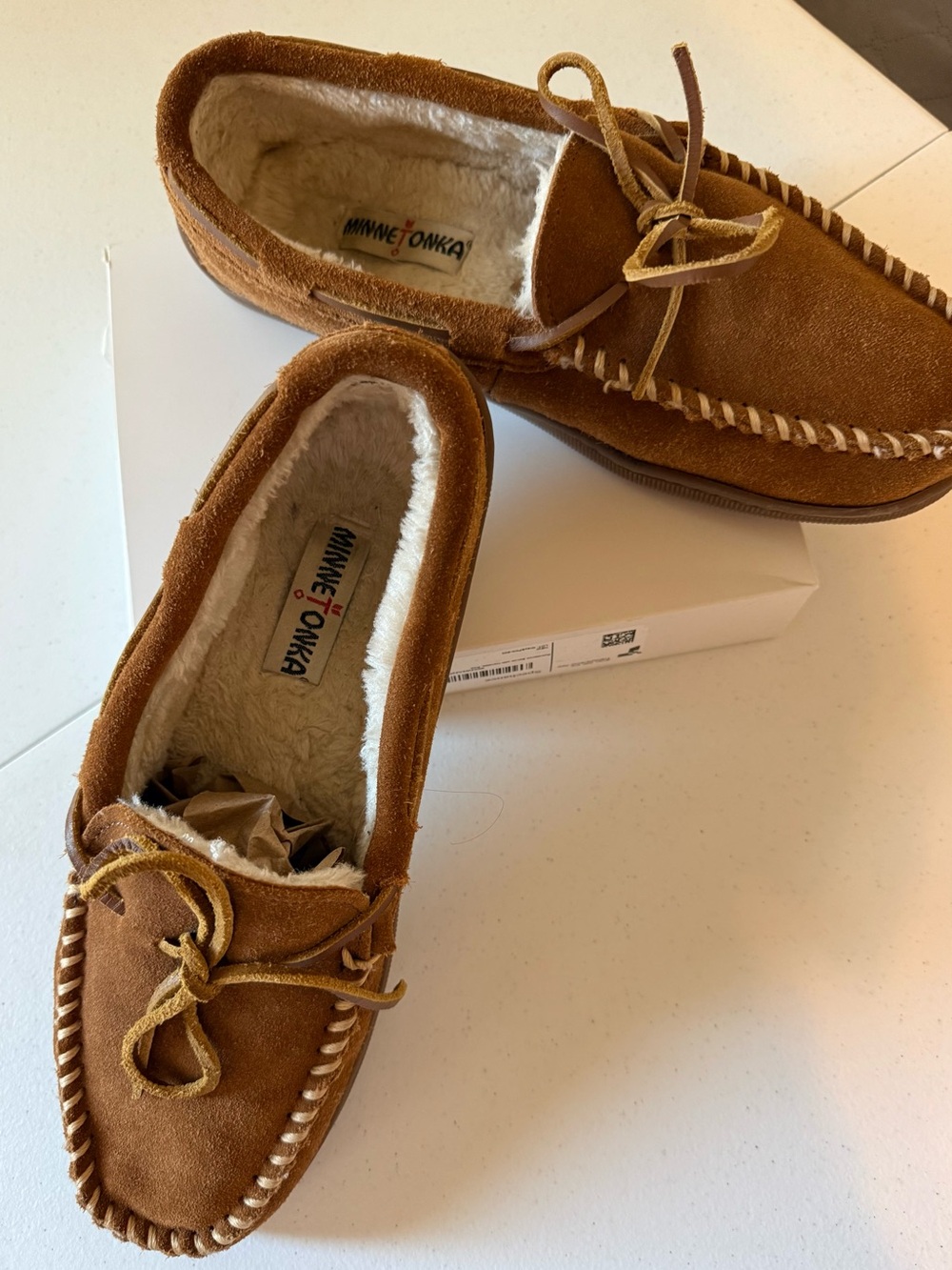 Minnetonka Brown Suede Faux Fur Lined Moc Toe Slip On Slippers Moccasins Sz11